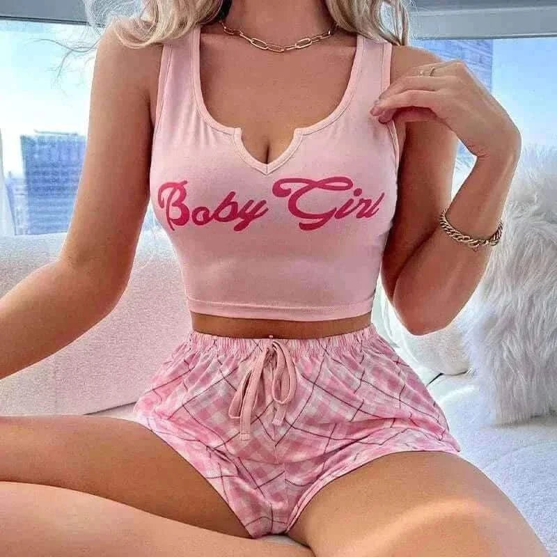 Women's Pajamas-Sleepwear Women Sexy Pyjamas Set Lingerie Casual Printed Camisole with Plaid Shorts Sets.