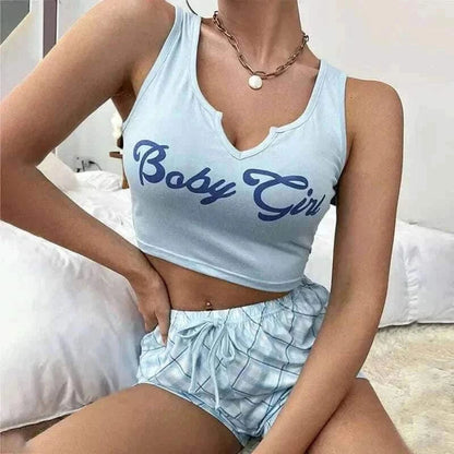 Women's Pajamas-Sleepwear Women Sexy Pyjamas Set Lingerie Casual Printed Camisole with Plaid Shorts Sets.