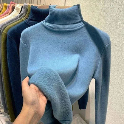 Turtleneck Winter Sweater Women Elegant Thicken Velvet Lined Warm Sueter Knitted Pullover Slim Tops Jersey Knitwear Jumper New.