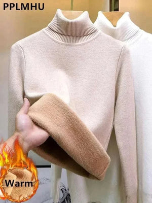 Men's Fashion Style Store Turtleneck Winter Sweater Women Elegant Thicken Velvet Lined Warm Sueter Knitted Pullover Slim Tops Jersey Knitwear Jumper New