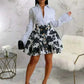 ultra mini skirt - CM.YAYA Fashion Women Sets Full Sleeeve Shirt + Print Mini Skirts Suits.