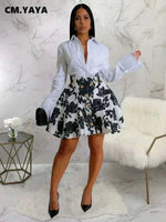 ultra mini skirt - CM.YAYA Fashion Women Sets Full Sleeeve Shirt + Print Mini Skirts Suits.