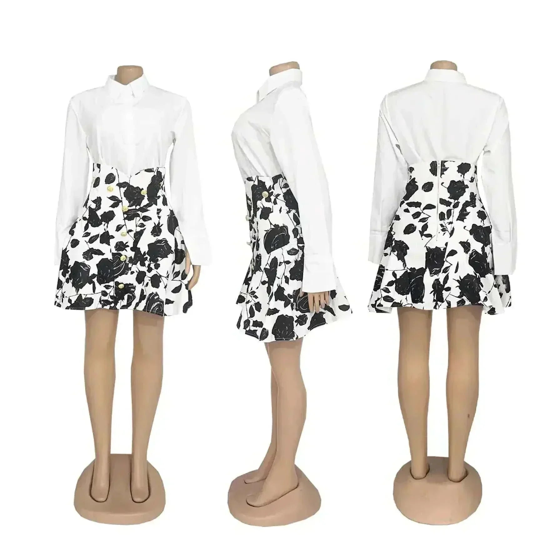 ultra mini skirt - CM.YAYA Fashion Women Sets Full Sleeeve Shirt + Print Mini Skirts Suits.