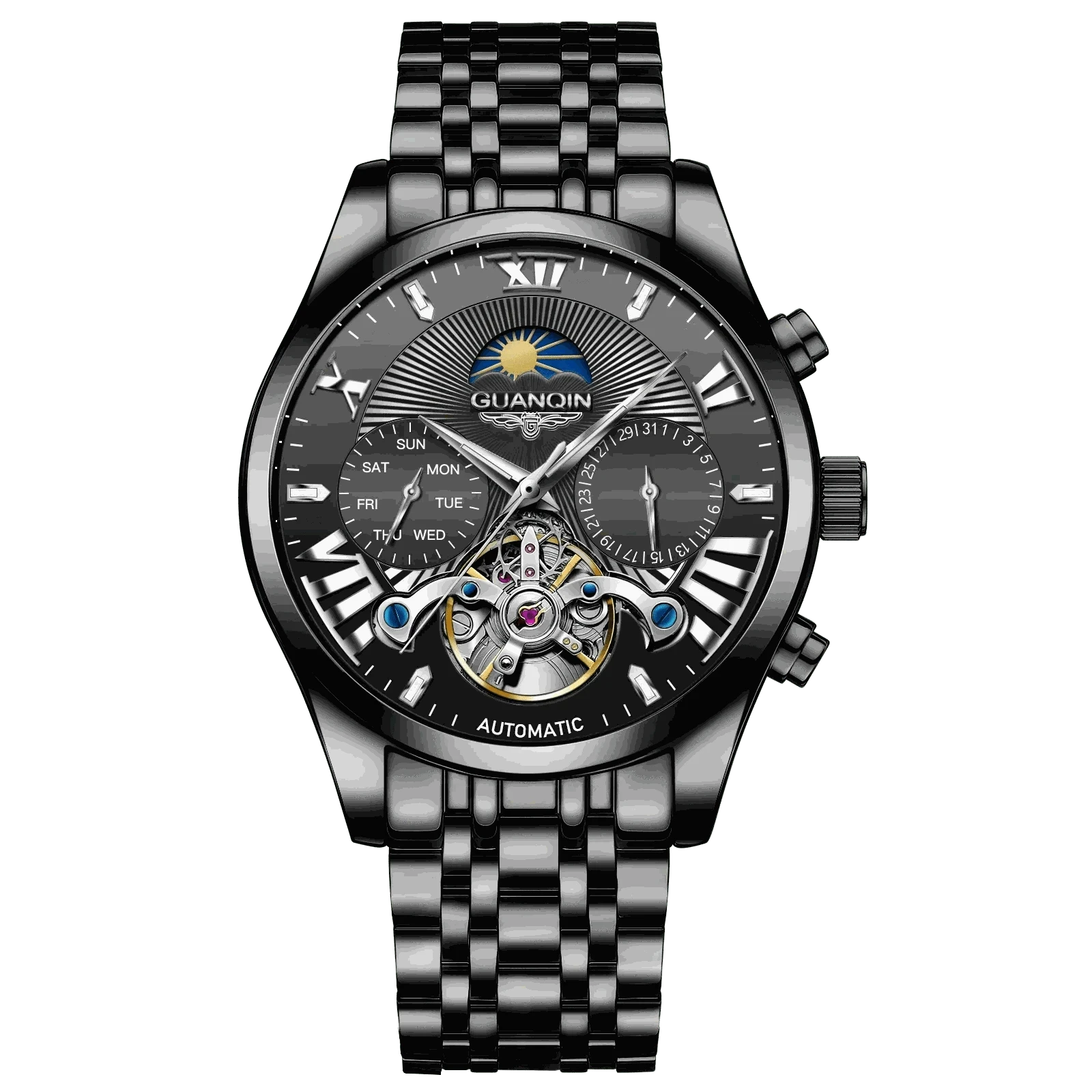 MensFashionStyleStore 16213-all black VINTAGE DESIGN MECHANICAL WATCH WITH SILICONE STRAP