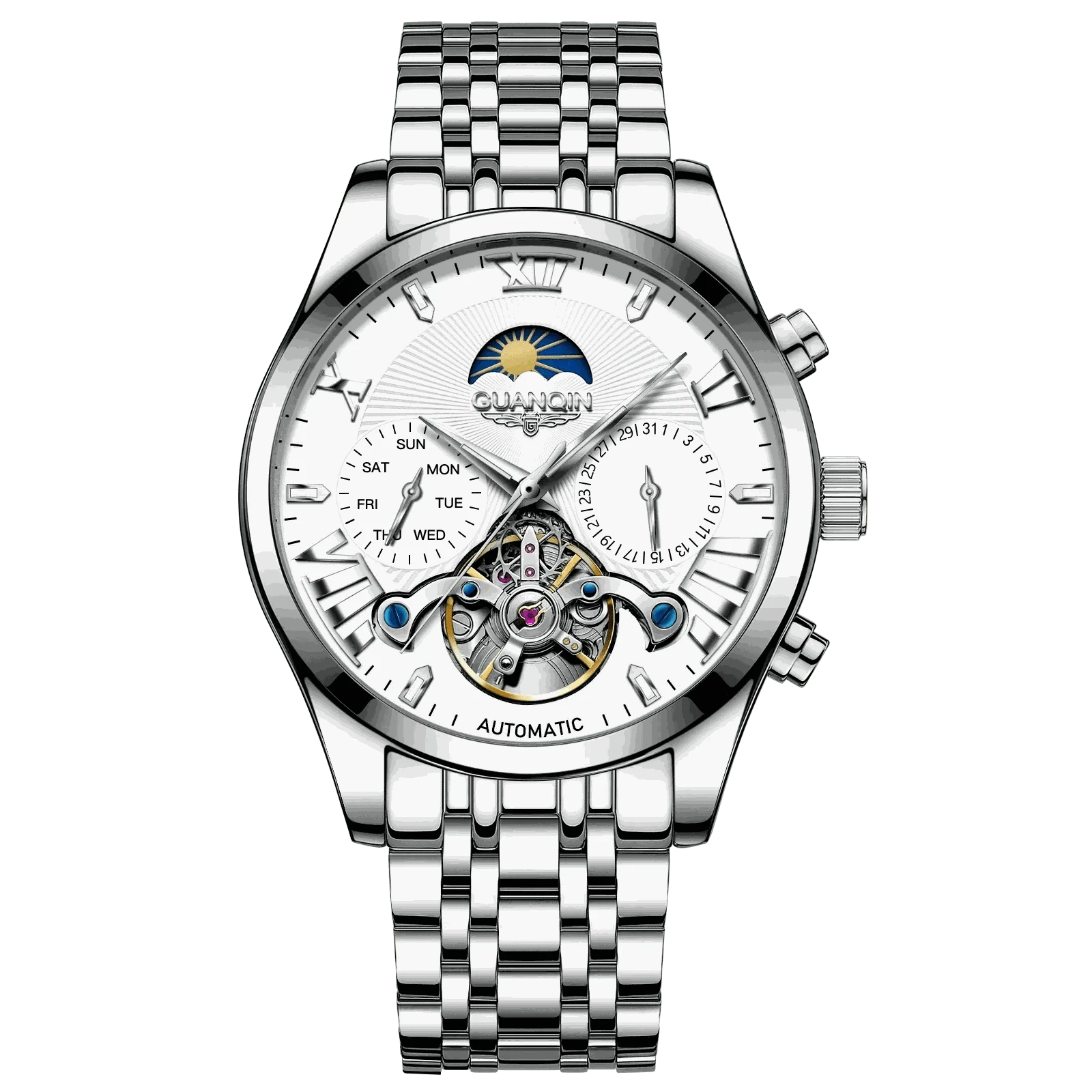 MensFashionStyleStore 16213-all white VINTAGE DESIGN MECHANICAL WATCH WITH SILICONE STRAP