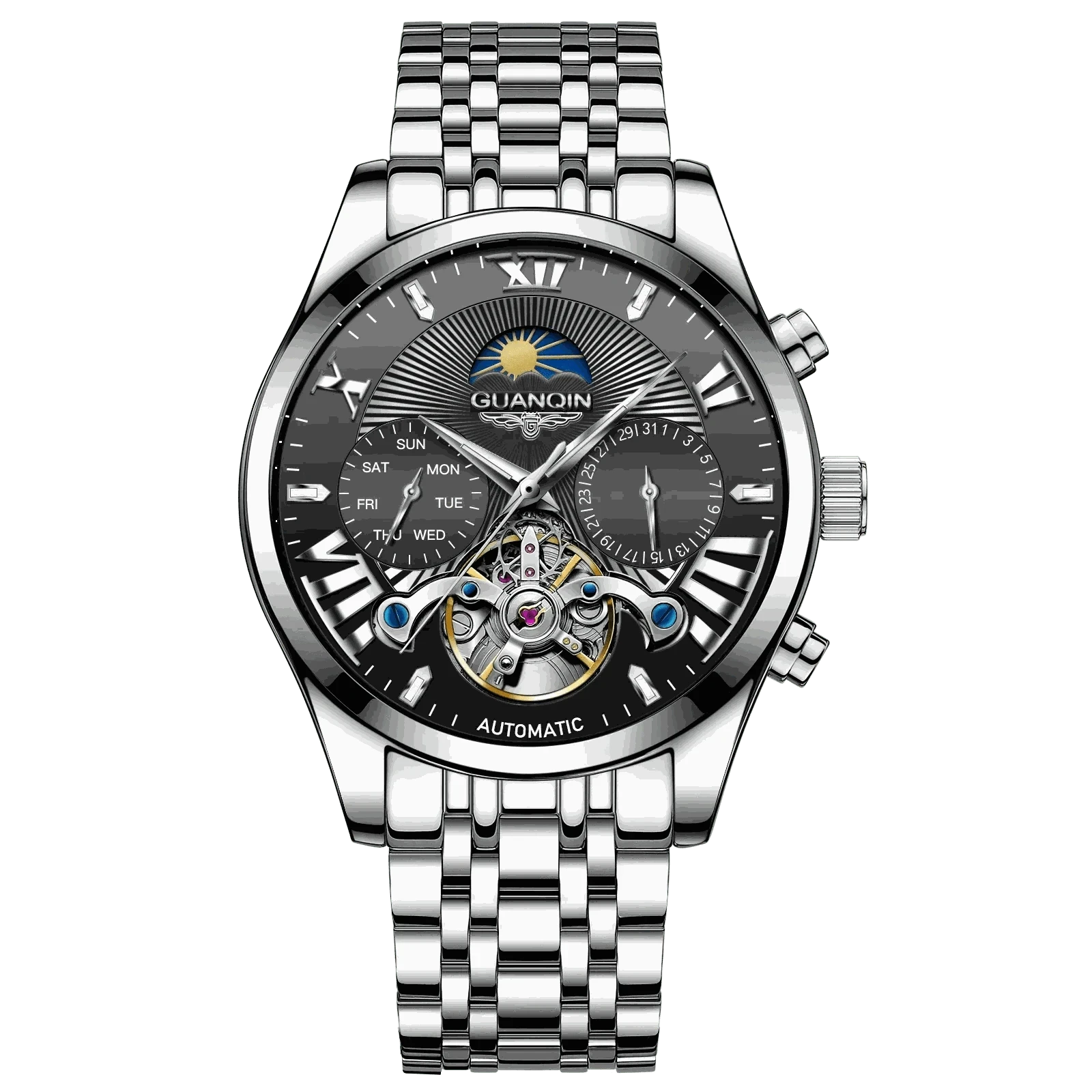 MensFashionStyleStore 16213-black white VINTAGE DESIGN MECHANICAL WATCH WITH SILICONE STRAP