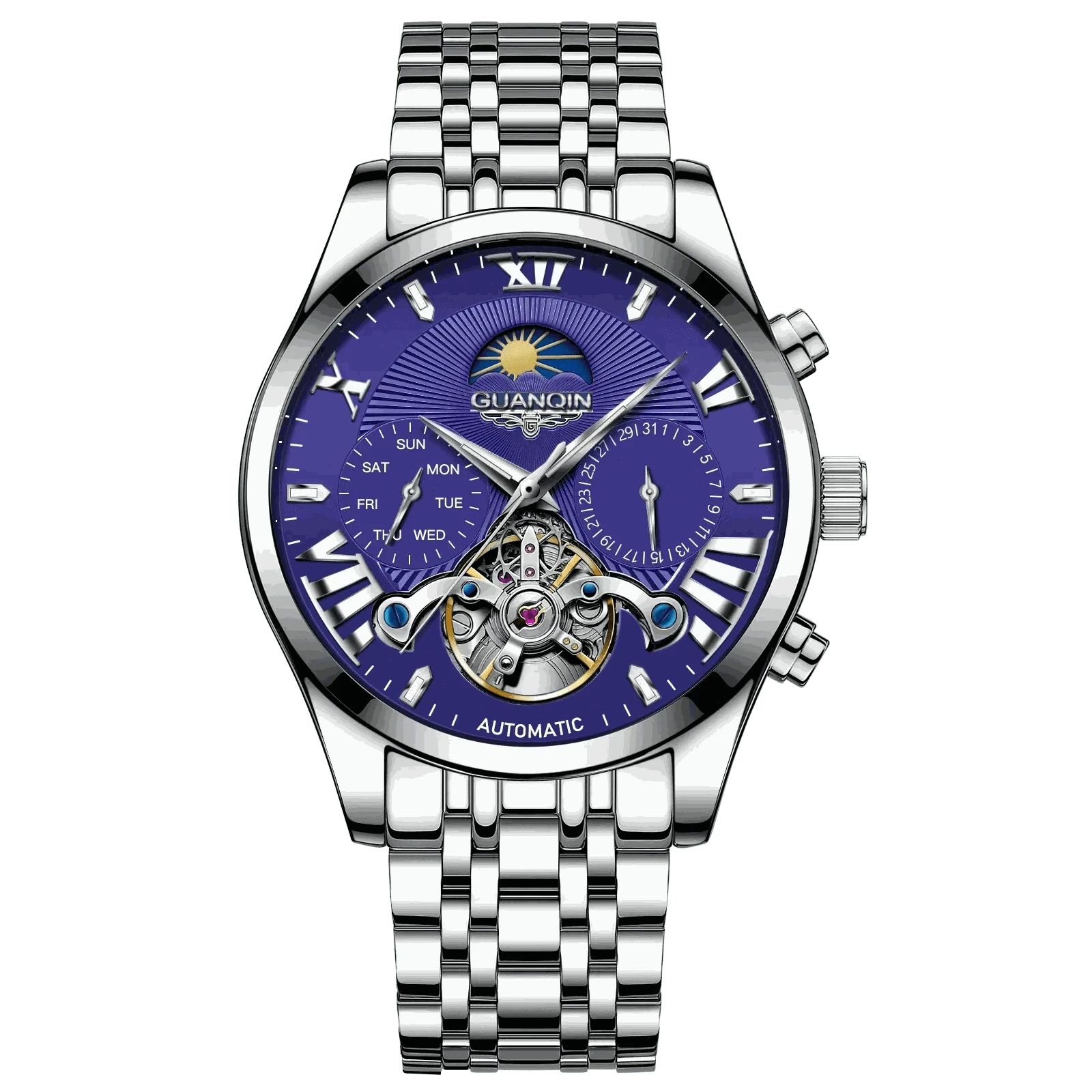 MensFashionStyleStore 16213-blue white VINTAGE DESIGN MECHANICAL WATCH WITH SILICONE STRAP