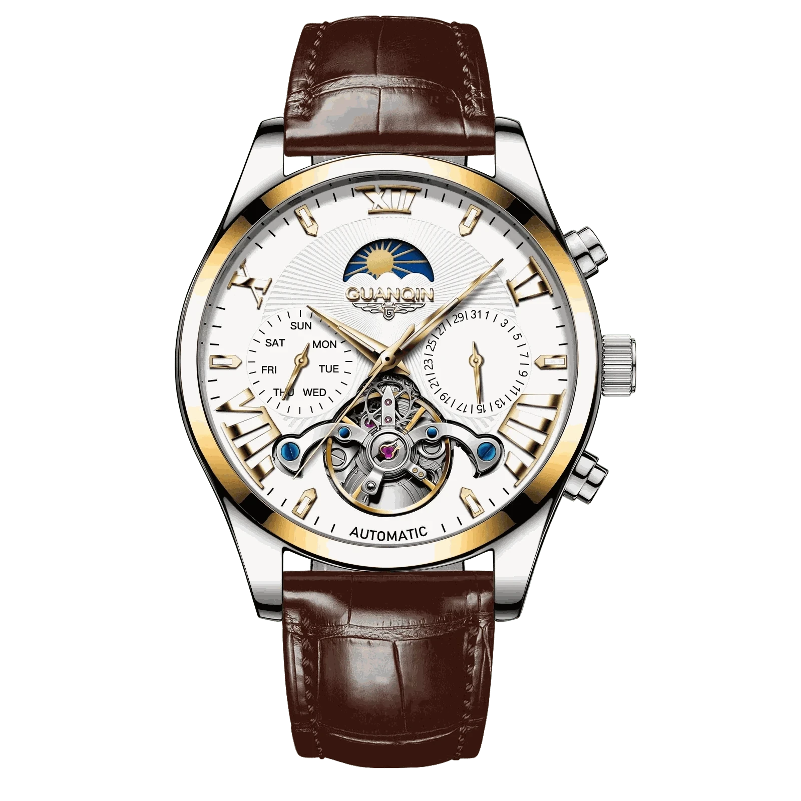 MensFashionStyleStore 16213-gold belt VINTAGE DESIGN MECHANICAL WATCH WITH SILICONE STRAP
