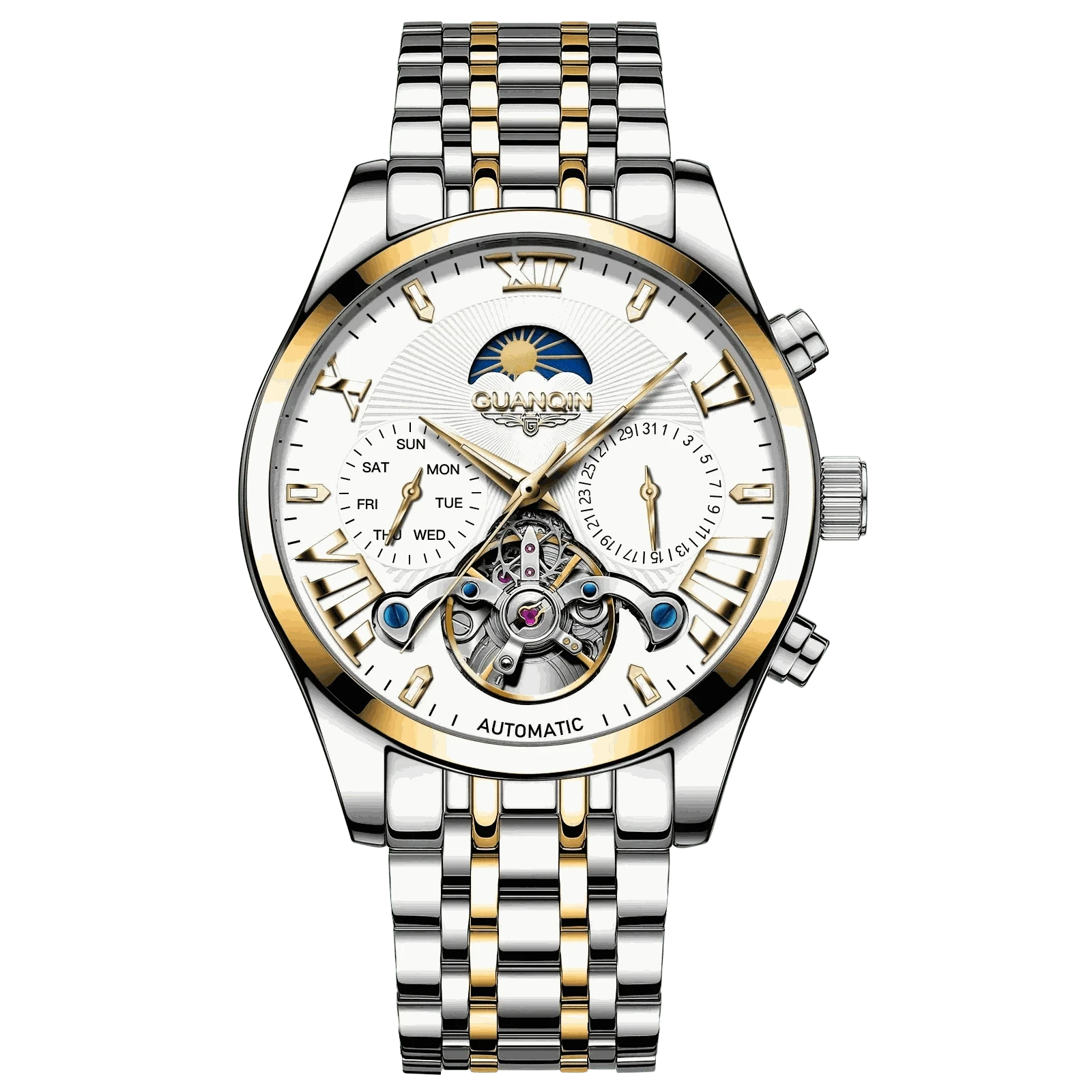 MensFashionStyleStore 16213-gold white VINTAGE DESIGN MECHANICAL WATCH WITH SILICONE STRAP
