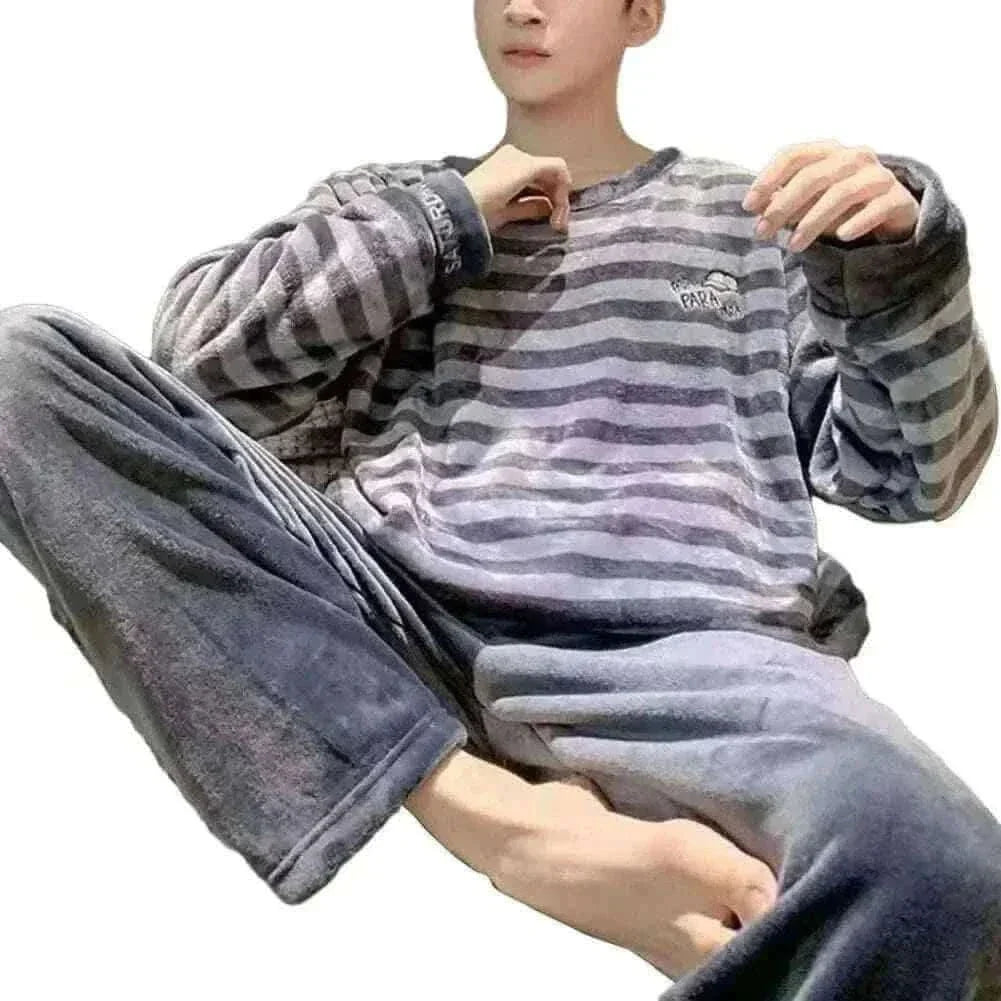 Men Pajamas-Winter Warm Flannel Pajama Set Men Long Sleeve Thick For Men Coral Velvet Cute Cartoon Suit Pyjamas Homewear New Sleepwear.