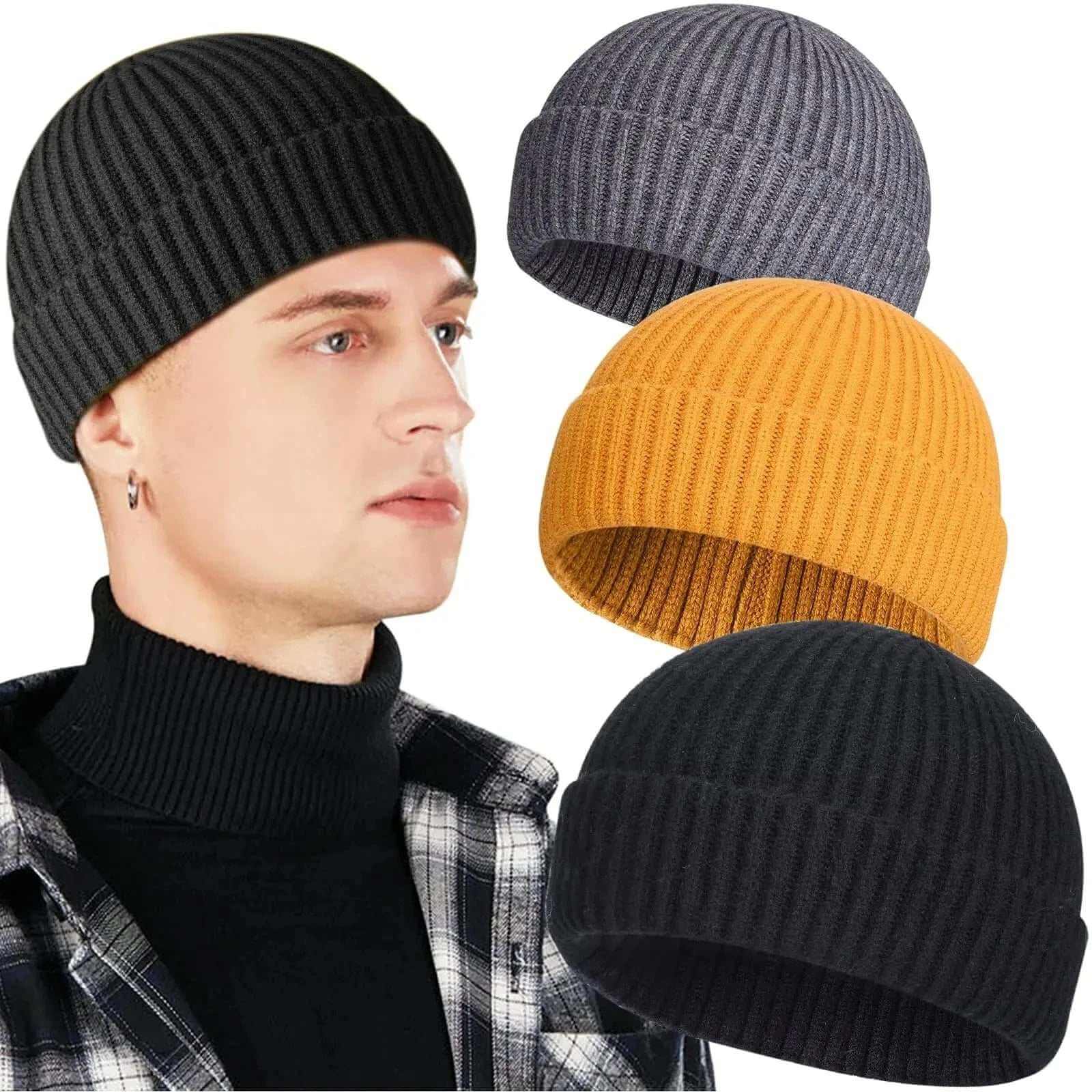 Winter Warm Unisex Wool Beanies Caps Fisherman Hat for Men Short Knit Watch Cap Cuffed Trawler Hats Hip Hop Bonnet.
