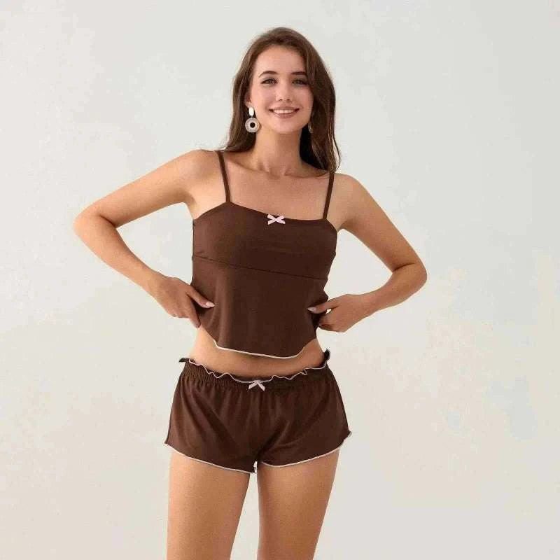 Women's Pajamas-Women 2 Piece Pajamas Set Cute Bows Decor Slip Cropped.