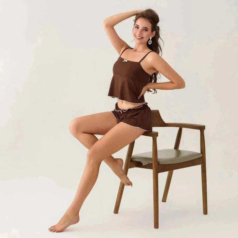 Women's Pajamas-Women 2 Piece Pajamas Set Cute Bows Decor Slip Cropped.