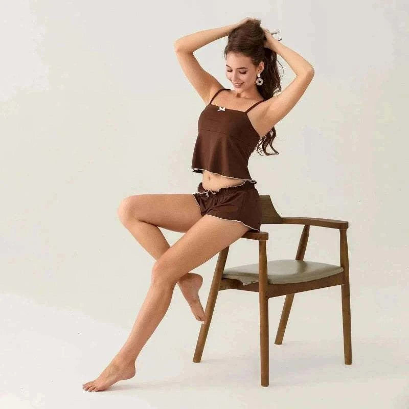 Women's Pajamas-Women 2 Piece Pajamas Set Cute Bows Decor Slip Cropped.