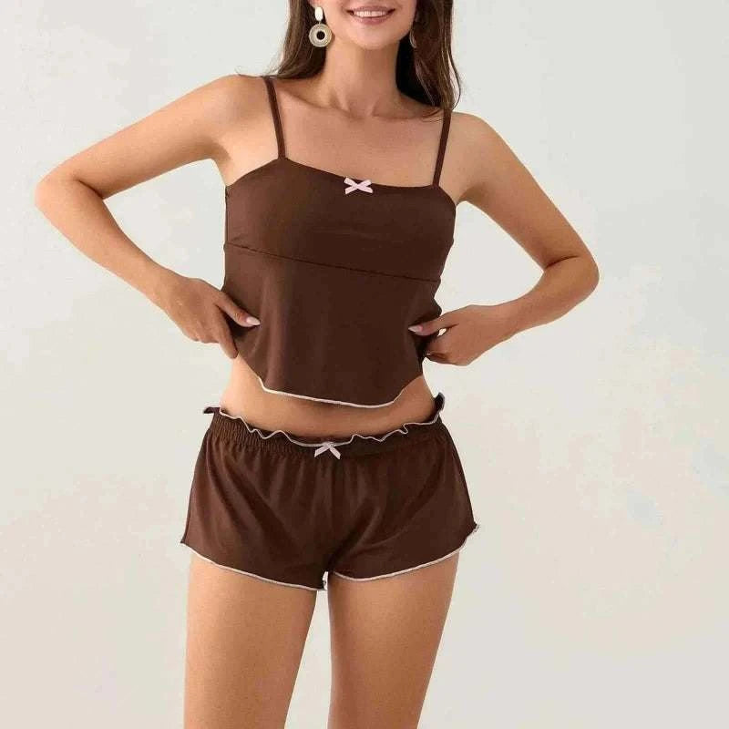 Women's Pajamas-Women 2 Piece Pajamas Set Cute Bows Decor Slip Cropped.