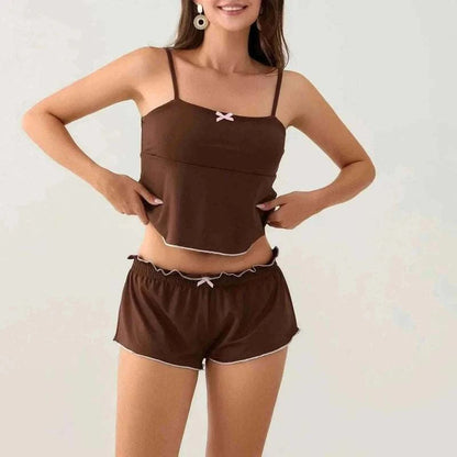 Women's Pajamas-Women 2 Piece Pajamas Set Cute Bows Decor Slip Cropped.