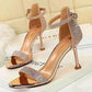 Women Summer Sandals 8.5cm High Heeled Rhinestone Crystal Middle Heels Ankle Strappy Sandles Lady Wedding Event Party Gold Shoes.