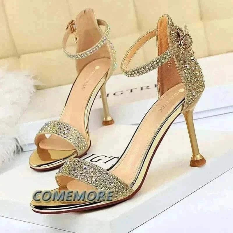 Women Summer Sandals 8.5cm High Heeled Rhinestone Crystal Middle Heels Ankle Strappy Sandles Lady Wedding Event Party Gold Shoes.