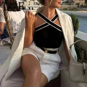 Model Wearing Sexy Black Backless Knit Tank Top for Women