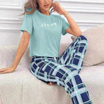 Women's Pajamas Set Casual Home Clothes Soft Comfortable Crew Neck T-Shirt & Plaid Pants.
