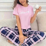 Women's Pajamas Set Casual Home Clothes Soft Comfortable Crew Neck T-Shirt & Plaid Pants.