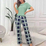 Women's Pajamas Set Casual Home Clothes Soft Comfortable Crew Neck T-Shirt & Plaid Pants.