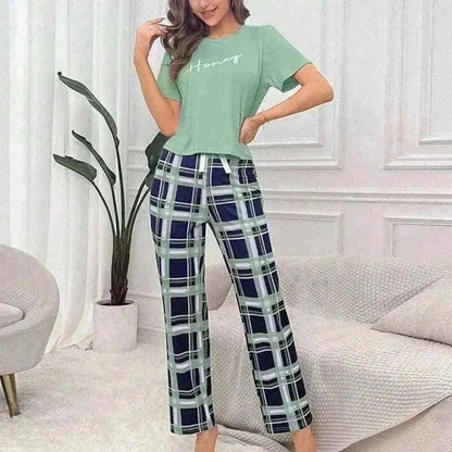 Women's Pajamas Set Casual Home Clothes Soft Comfortable Crew Neck T-Shirt & Plaid Pants.